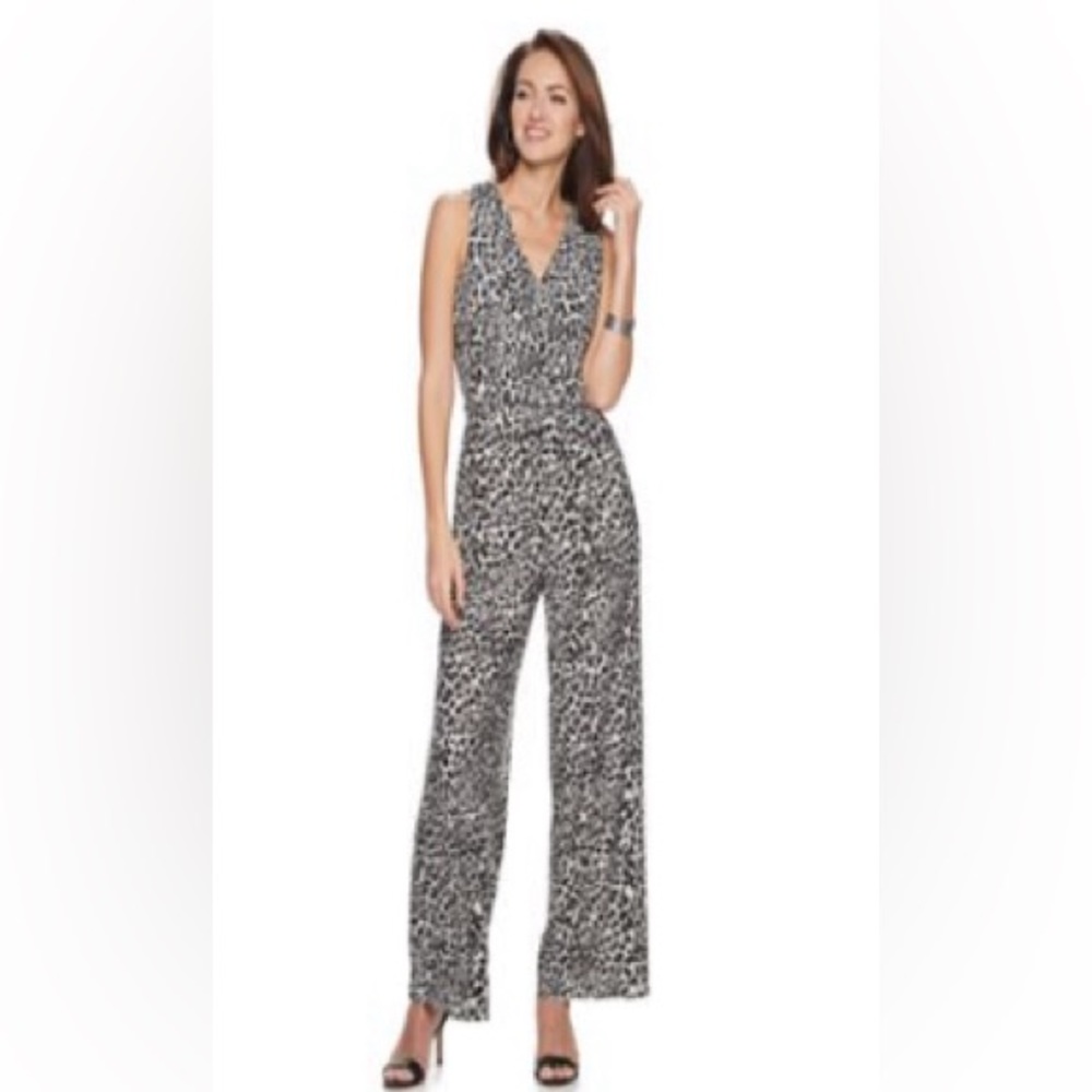 Nina Leonard Black and White Animal Print Jumpsuit